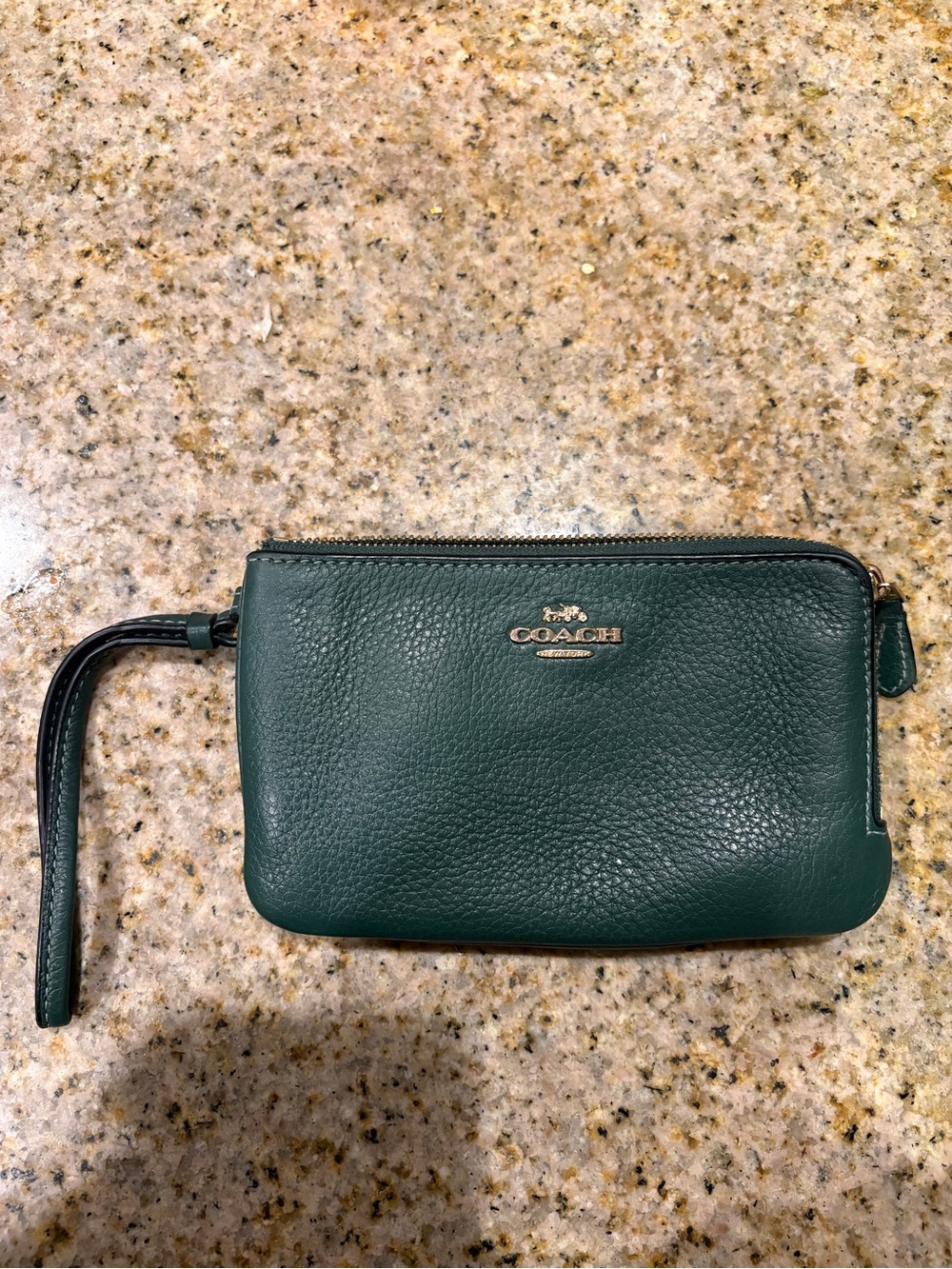 Coach Forest Green Pebbled Leather Corner Zip Double Zipper Wristlet Wallet